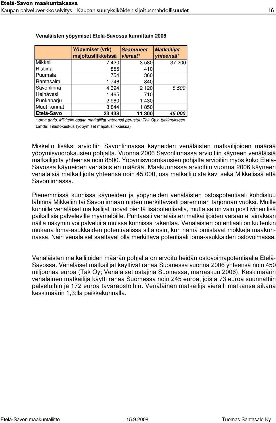 23 438 11 300 45 000 * oma arvio, Mikkelin osalta matkailijat yhteensä perustuu Tak Oy:n tutkimukseen Lähde: Tilastokeskus (yöpymiset majoitusliikkeissä) Mikkelin lisäksi arvioitiin Savonlinnassa