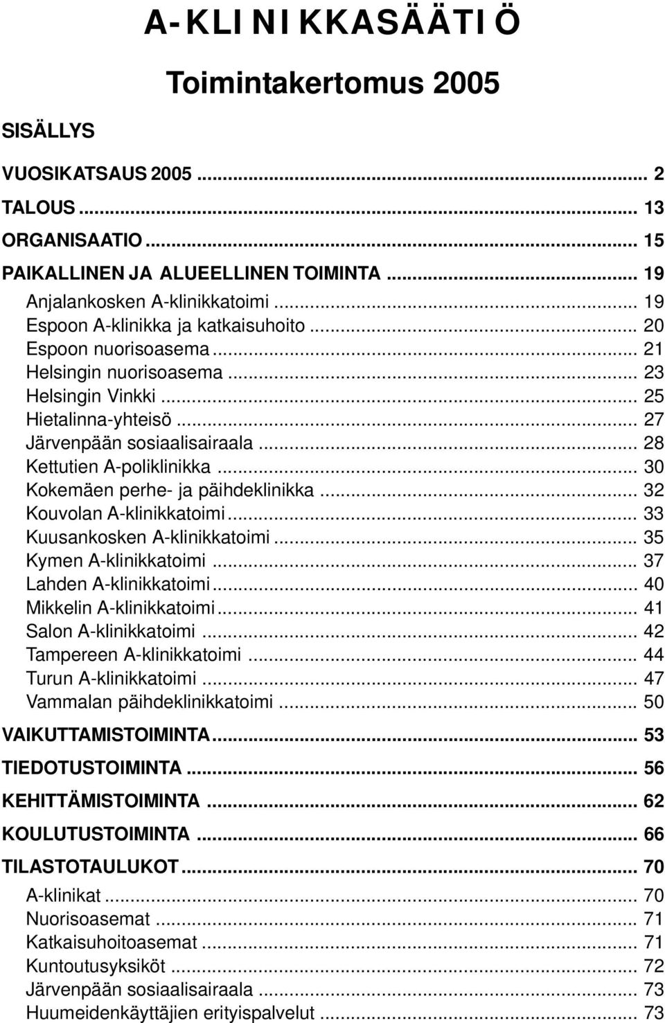 .. 28 Kettutien A-poliklinikka... 30 Kokemäen perhe- ja päihdeklinikka... 32 Kouvolan A-klinikkatoimi... 33 Kuusankosken A-klinikkatoimi... 35 Kymen A-klinikkatoimi... 37 Lahden A-klinikkatoimi.