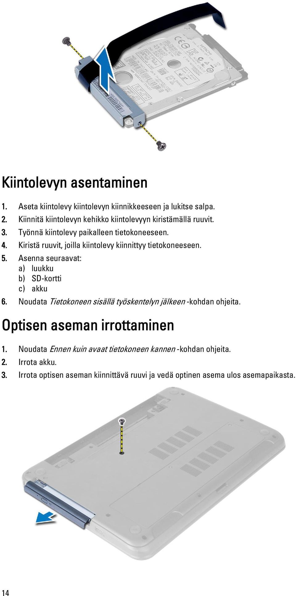 Kiristä ruuvit, joilla kiintolevy kiinnittyy tietokoneeseen. 5. Asenna seuraavat: a) luukku b) SD-kortti c) akku 6.