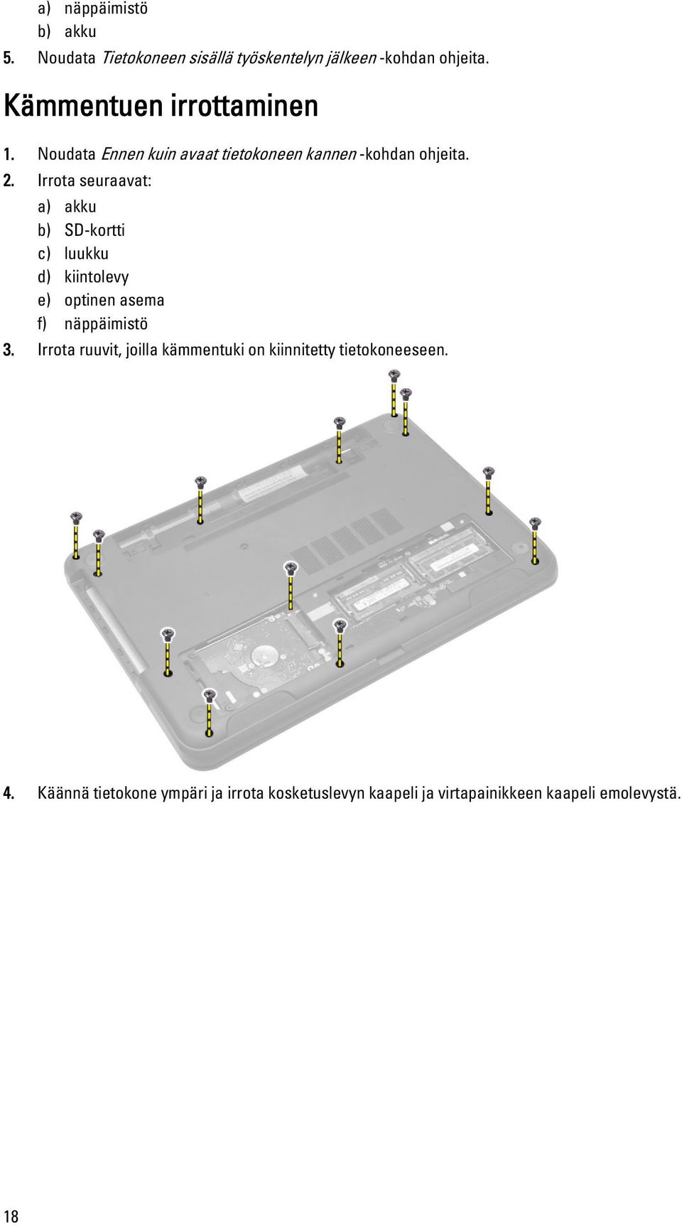 Irrota seuraavat: a) akku b) SD-kortti c) luukku d) kiintolevy e) optinen asema f) näppäimistö 3.