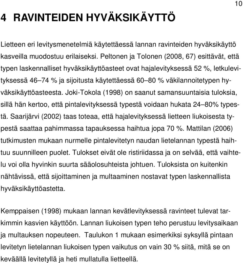 hyväksikäyttöasteesta. Joki-Tokola (1998) on saanut samansuuntaisia tuloksia, sillä hän kertoo, että pintalevityksessä typestä voidaan hukata 24 80% typestä.