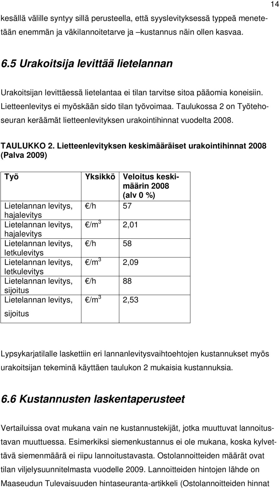 Taulukossa 2 on Työtehoseuran keräämät lietteenlevityksen urakointihinnat vuodelta 2008. TAULUKKO 2.