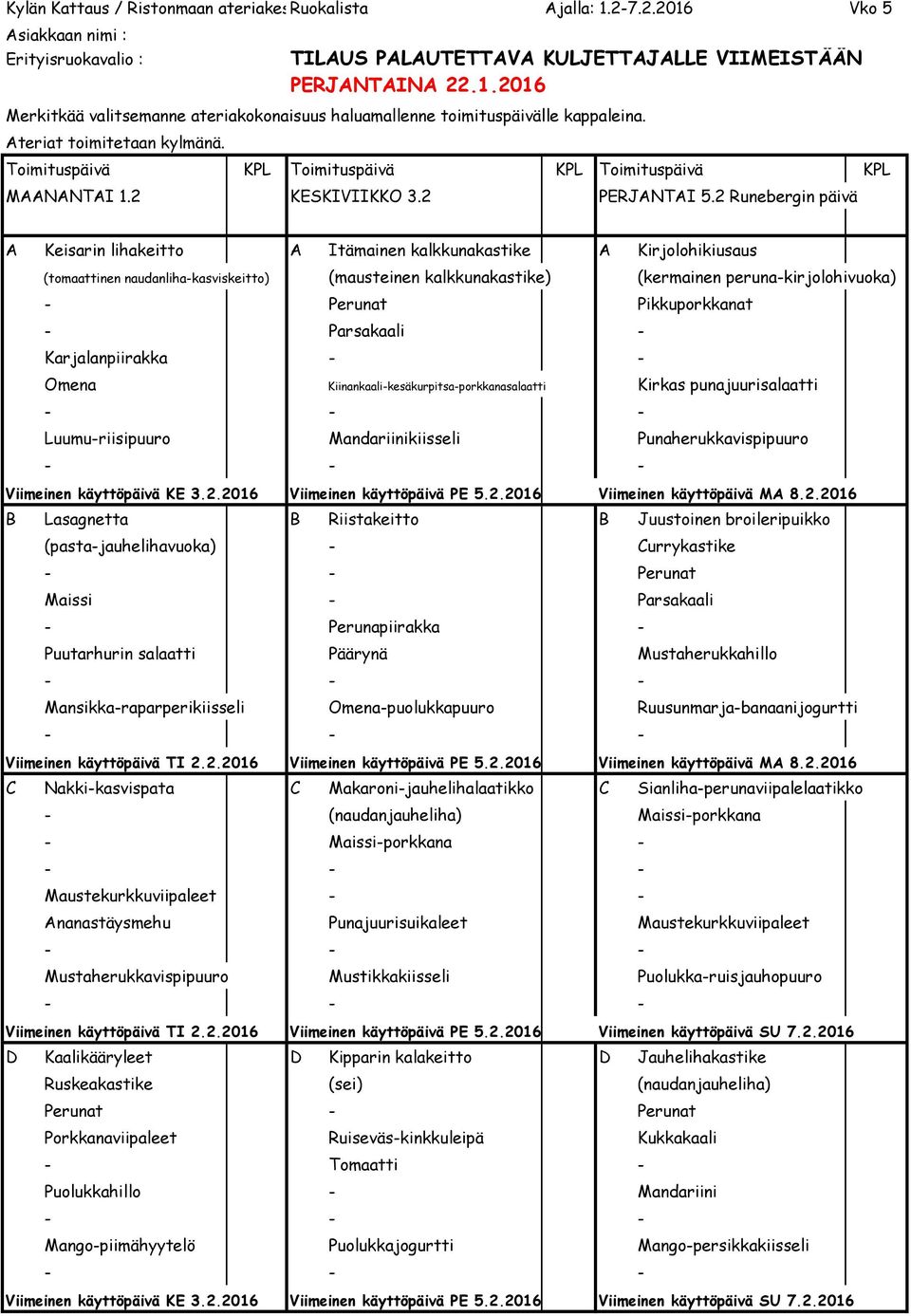 Pikkuporkkanat - Parsakaali - Karjalanpiirakka - - Omena Kiinankaali-kesäkurpitsa-porkkanasalaatti Kirkas punajuurisalaatti Luumu-riisipuuro Mandariinikiisseli Punaherukkavispipuuro Viimeinen