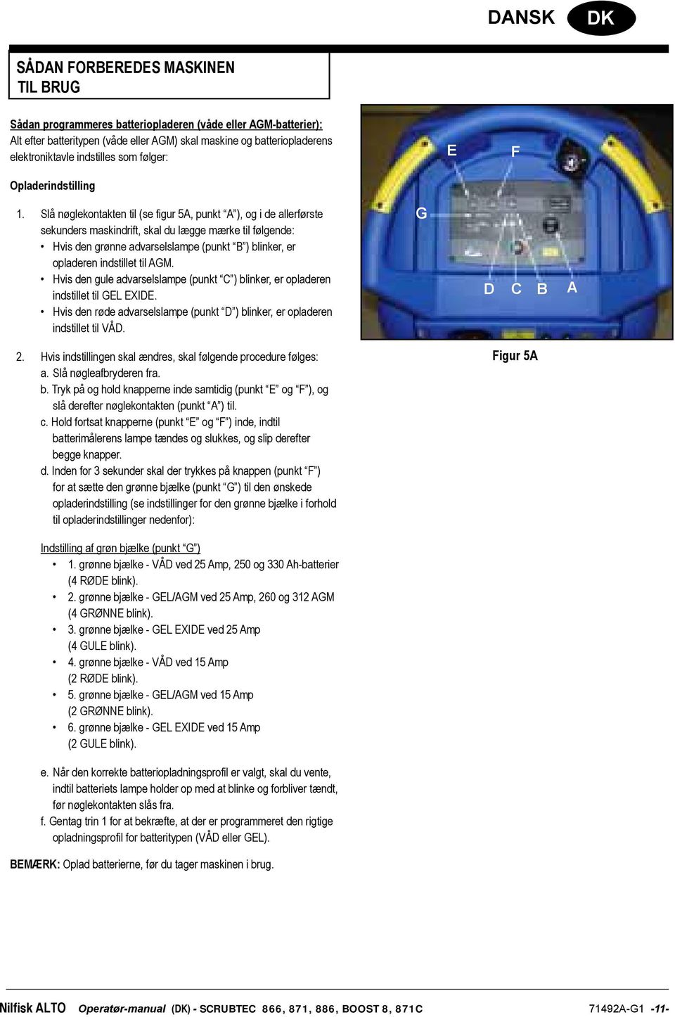 Slå nøglekontakten til (se figur 5A, punkt A ), og i de allerførste sekunders maskindrift, skal du lægge mærke til følgende: Hvis den grønne advarselslampe (punkt B ) blinker, er opladeren indstillet