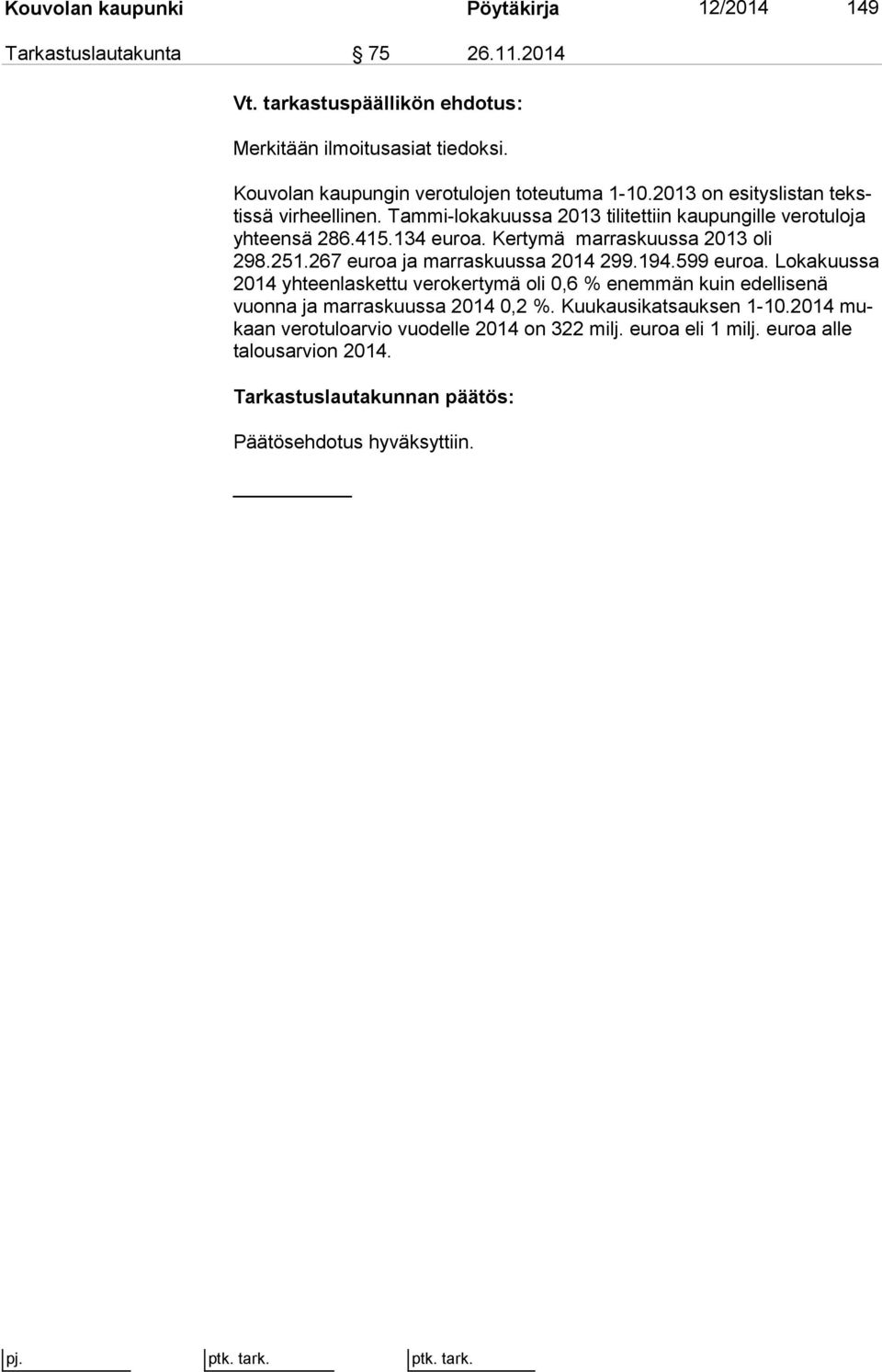 Kertymä marraskuussa 2013 oli 298.251.267 eu roa ja marraskuussa 2014 299.194.599 euroa.