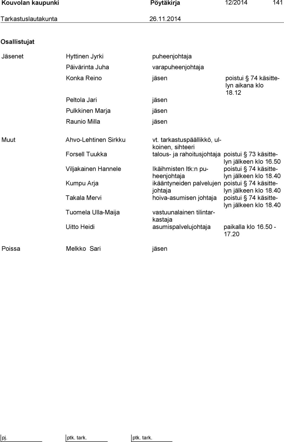12 Peltola Jari jäsen Pulkkinen Marja Raunio Milla jäsen jäsen Muut Ahvo-Lehtinen Sirkku vt.