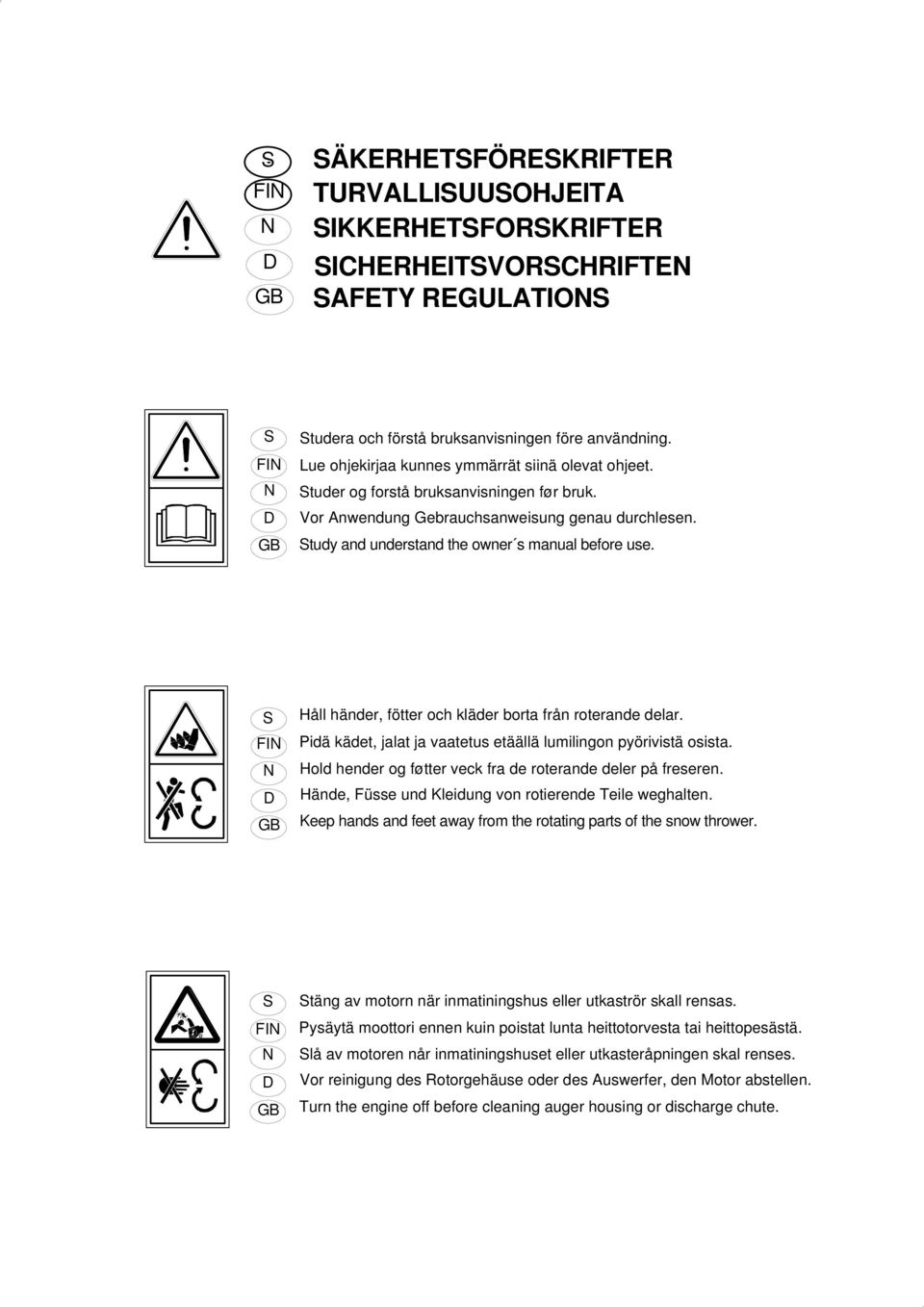 S FIN N D GB Håll händer, fötter och kläder borta från roterande delar. Pidä kädet, jalat ja vaatetus etäällä lumilingon pyörivistä osista.