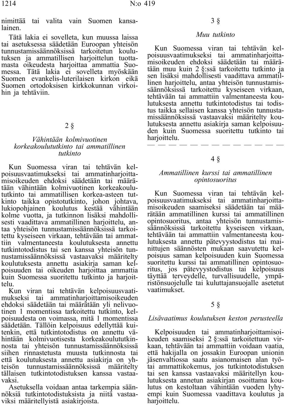 ammattia Suomessa. Tätä lakia ei sovelleta myöskään Suomen evankelis-luterilaisen kirkon eikä Suomen ortodoksisen kirkkokunnan virkoihin ja tehtäviin.