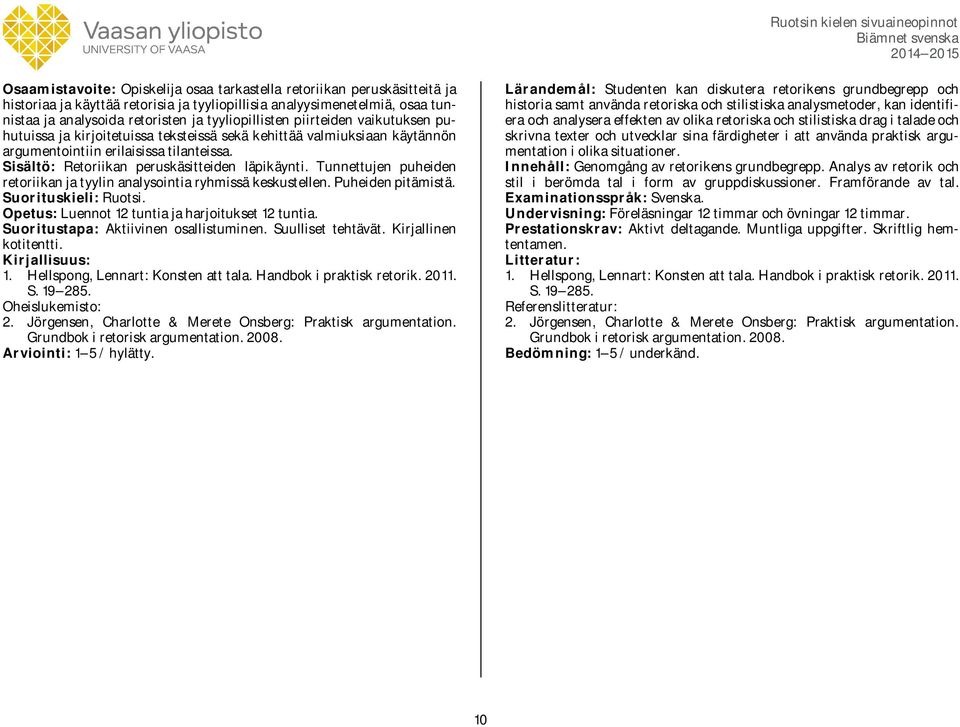 Sisältö: Retoriikan peruskäsitteiden läpikäynti. Tunnettujen puheiden retoriikan ja tyylin analysointia ryhmissä keskustellen. Puheiden pitämistä. Opetus: Luennot 12 tuntia ja harjoitukset 12 tuntia.