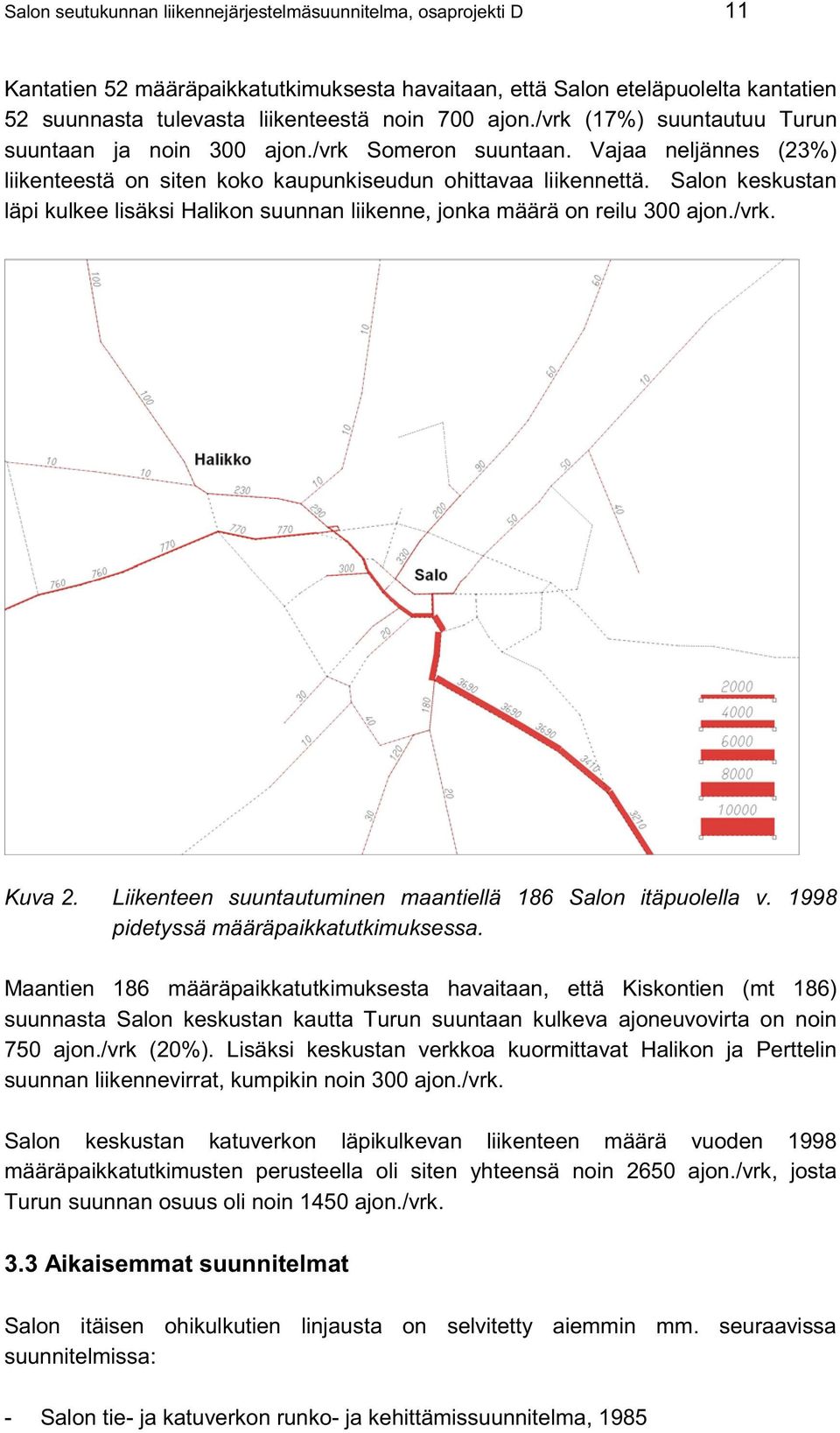 Salon keskustan läpi kulkee lisäksi Halikon suunnan liikenne, jonka määrä on reilu 300 ajon./vrk. Kuva 2. Liikenteen suuntautuminen maantiellä 186 Salon itäpuolella v.