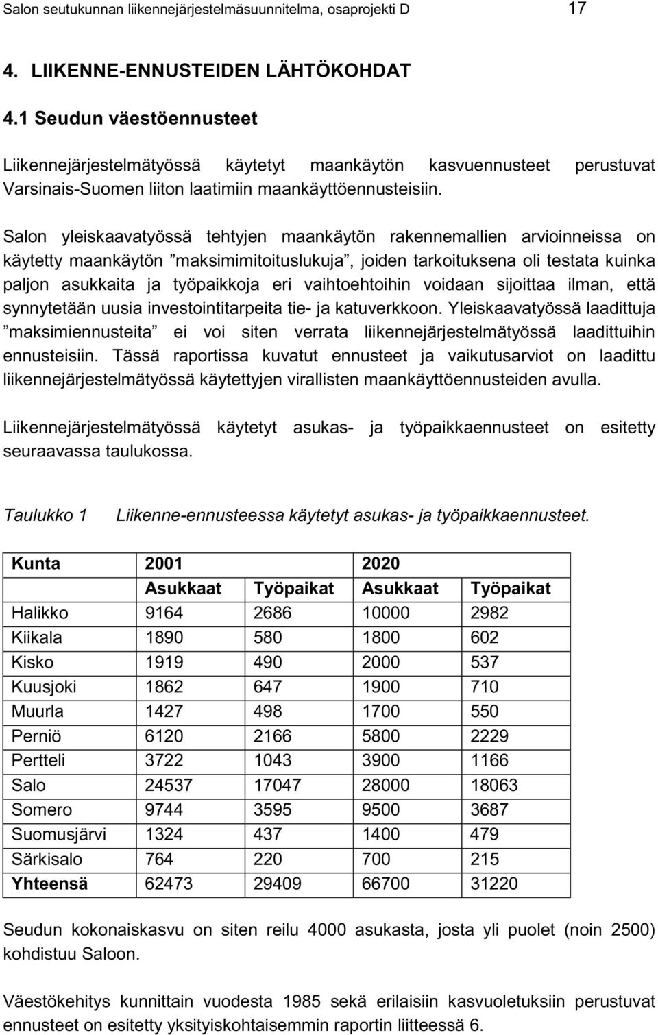 Salon yleiskaavatyössä tehtyjen maankäytön rakennemallien arvioinneissa on käytetty maankäytön maksimimitoituslukuja, joiden tarkoituksena oli testata kuinka paljon asukkaita ja työpaikkoja eri