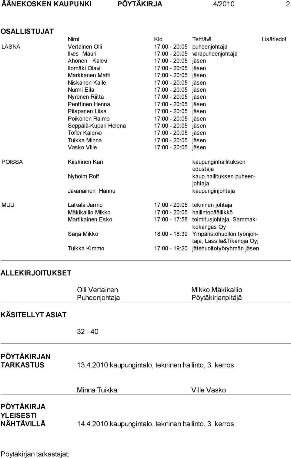 jäsen Piispanen Liisa 17:00-20:05 jäsen Poikonen Raimo 17:00-20:05 jäsen Seppälä-Kupari Helena 17:00-20:05 jäsen Toffer Kalervo 17:00-20:05 jäsen Tuikka Minna 17:00-20:05 jäsen Vasko Ville