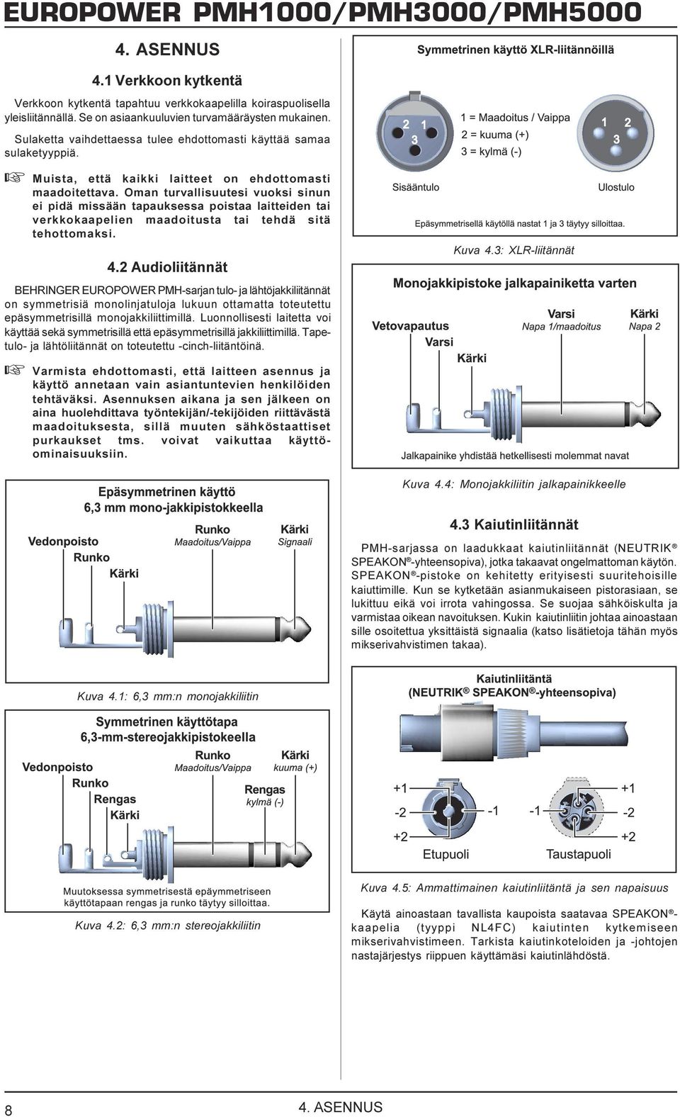 maadoitusta tai tehdä sitä tehottomaksi 4 2 Audioliitännät BEHRINGER EUROPOWER PMH-sarjan tulo- ja lähtöjakkiliitännät on symmetrisiä monolinjatuloja lukuun ottamatta toteutettu epäsymmetrisillä