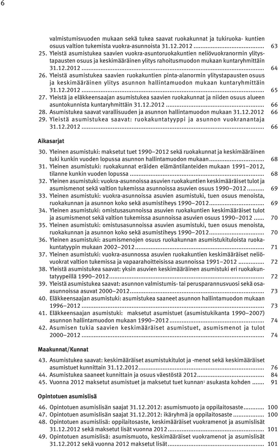 Yleistä asumistukea saavien ruokakuntien pinta-alanormin ylitystapausten osuus ja keskimääräinen ylitys asunnon hallintamuodon mukaan kuntaryhmittäin 31.12.2012... 65 27.