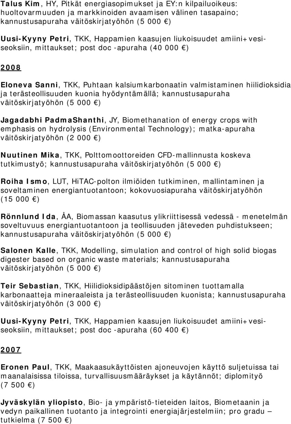kannustusapuraha väitöskirjatyöhön Jagadabhi PadmaShanthi, JY, Biomethanation of energy crops with emphasis on hydrolysis (Environmental Technology); matka-apuraha väitöskirjatyöhön (2 000 ) Nuutinen
