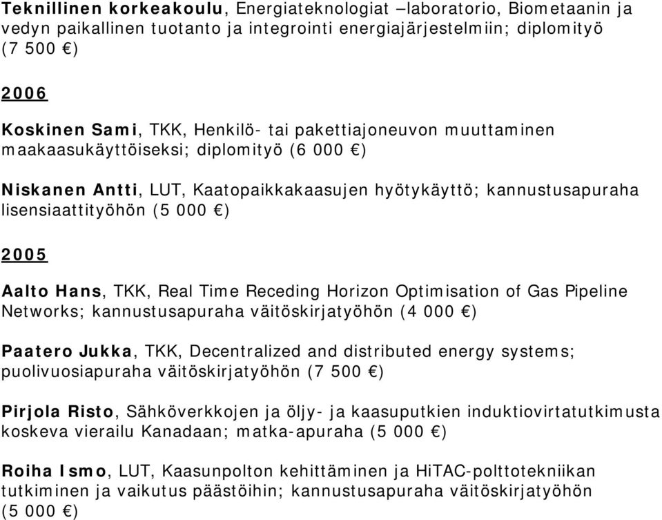Receding Horizon Optimisation of Gas Pipeline Networks; kannustusapuraha väitöskirjatyöhön (4 000 ) Paatero Jukka, TKK, Decentralized and distributed energy systems; puolivuosiapuraha