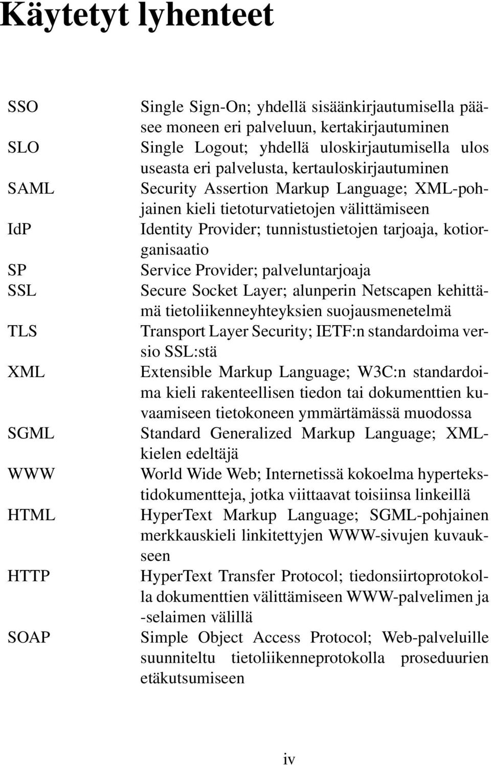 tarjoaja, kotiorganisaatio Service Provider; palveluntarjoaja Secure Socket Layer; alunperin Netscapen kehittämä tietoliikenneyhteyksien suojausmenetelmä Transport Layer Security; IETF:n standardoima