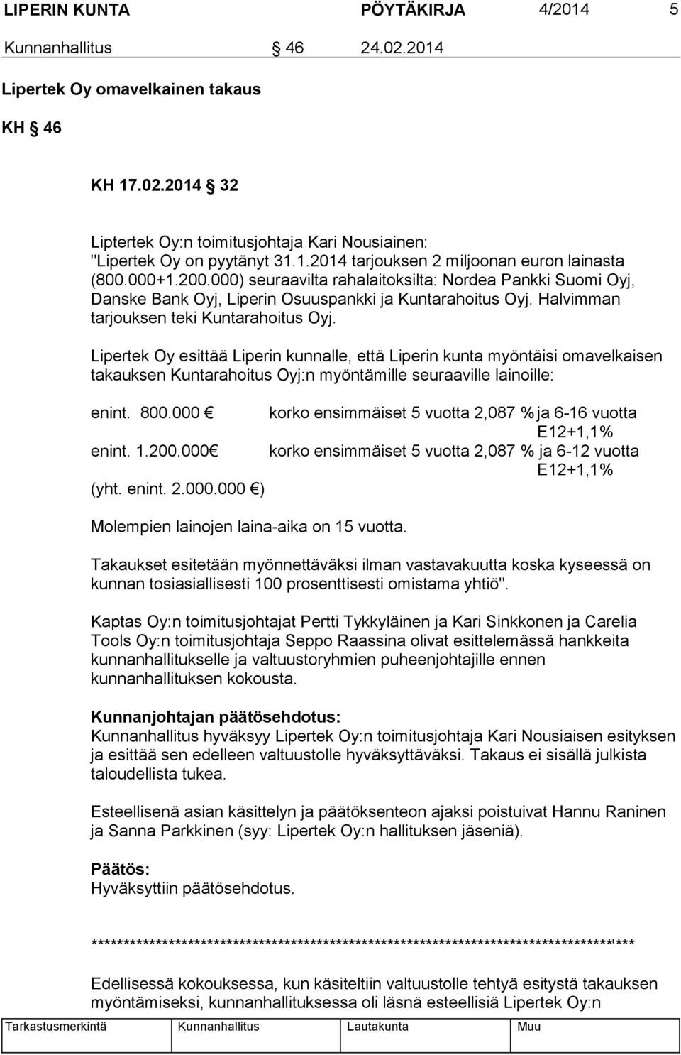Lipertek Oy esittää Liperin kunnalle, että Liperin kunta myöntäisi omavelkaisen takauksen Kuntarahoitus Oyj:n myöntämille seuraaville lainoille: enint. 800.