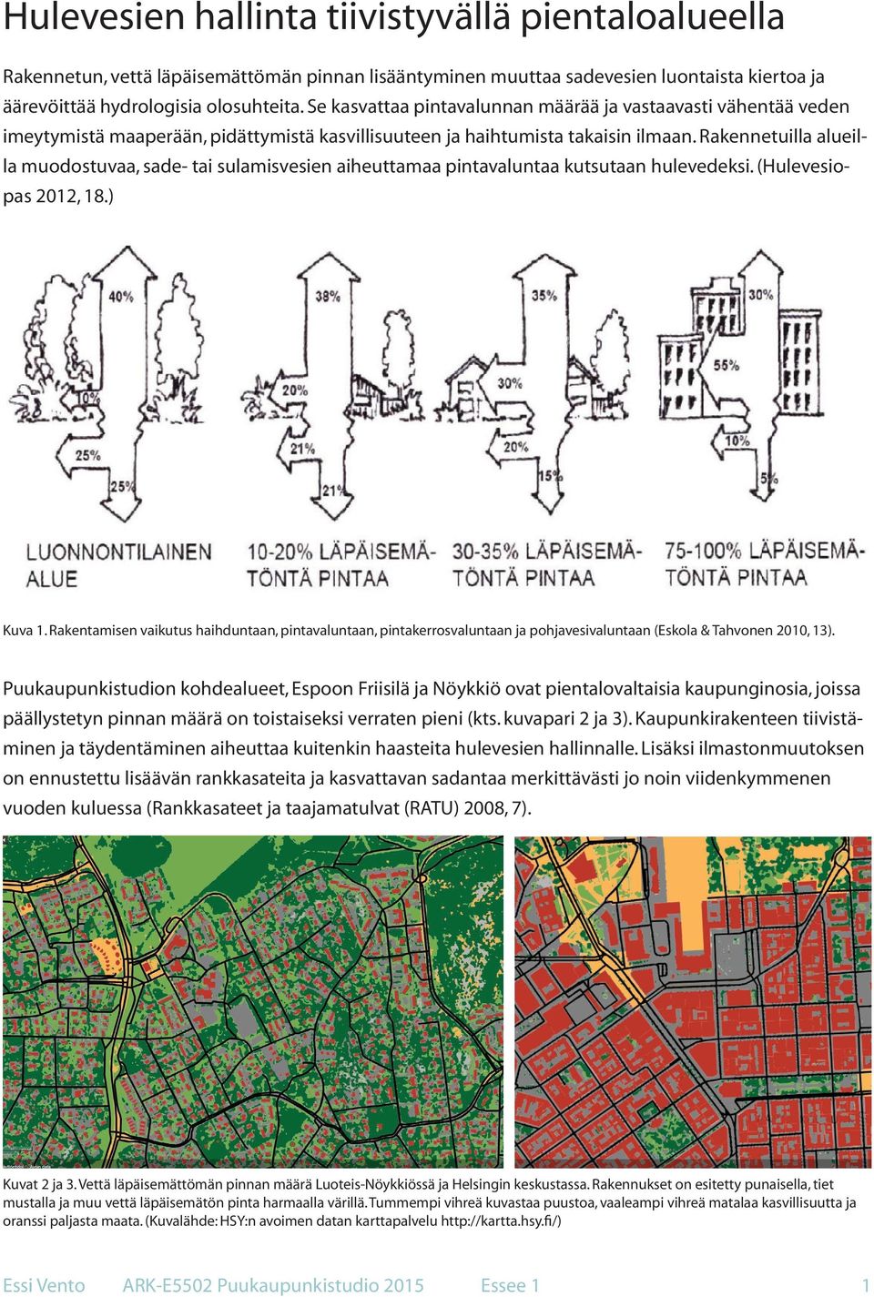 Rakennetuilla alueilla muodostuvaa, sade- tai sulamisvesien aiheuttamaa pintavaluntaa kutsutaan hulevedeksi. (Hulevesiopas 2012, 18.) Kuva 1.