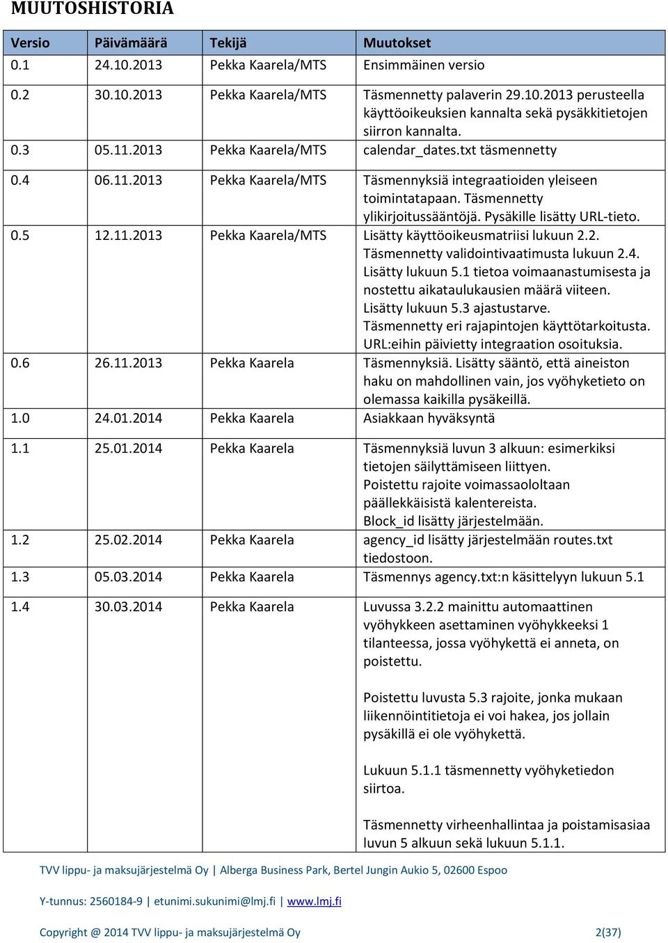 Pysäkille lisätty URL-tieto. 0.5 12.11.2013 Pekka Kaarela/MTS Lisätty käyttöoikeusmatriisi lukuun 2.2. Täsmennetty validointivaatimusta lukuun 2.4. Lisätty lukuun 5.