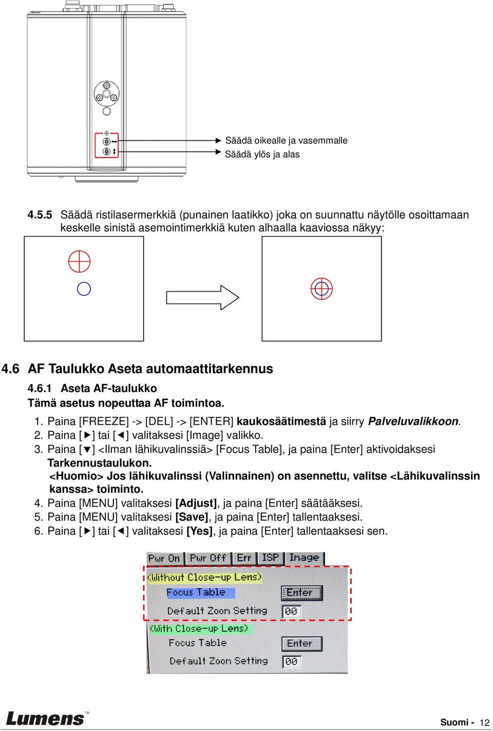 AF Taulukko Aseta automaattitarkennus 4.6.1 Aseta AF-taulukko Tämä asetus nopeuttaa AF toimintoa. 1. Paina [FREEZE] -> [DEL] -> [ENTER] kaukosäätimestä ja siirry Palveluvalikkoon. 2.