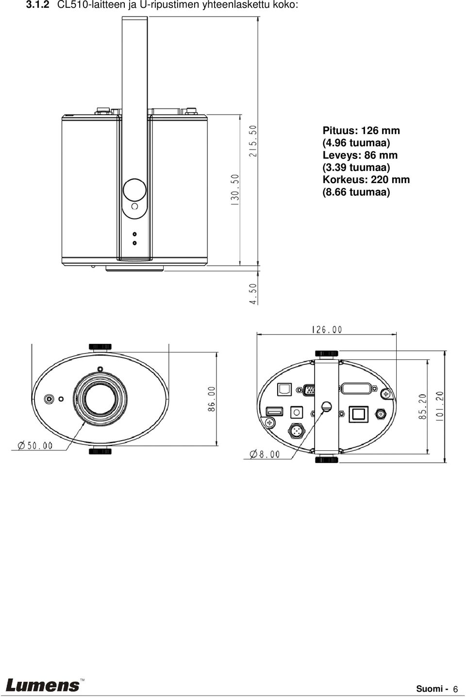 96 tuumaa) Leveys: 86 mm (3.