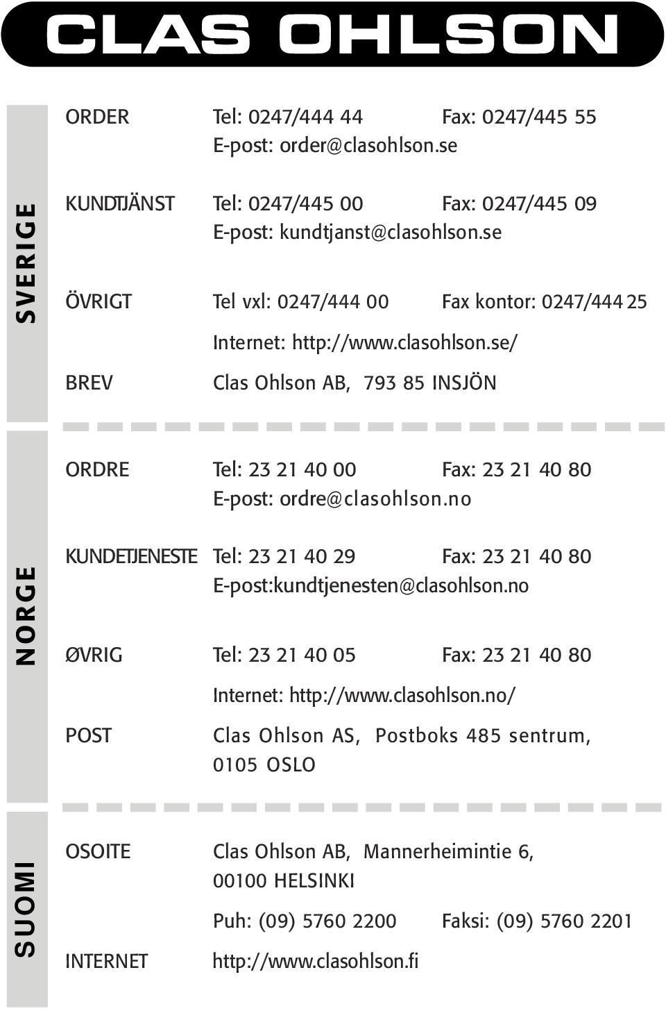 se/ BREV Clas Ohlson AB, 793 85 INSJÖN ORDRE Tel: 23 21 40 00 Fax: 23 21 40 80 E-post: ordre@clasohlson.