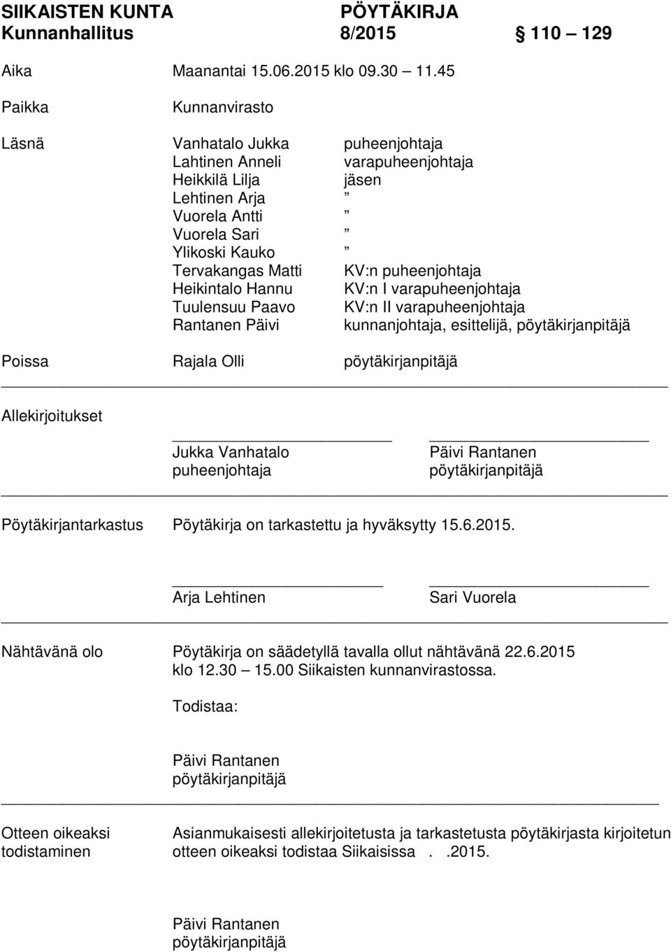 puheenjohtaja Heikintalo Hannu KV:n I varapuheenjohtaja Tuulensuu Paavo KV:n II varapuheenjohtaja Rantanen Päivi kunnanjohtaja, esittelijä, pöytäkirjanpitäjä Poissa Rajala Olli pöytäkirjanpitäjä