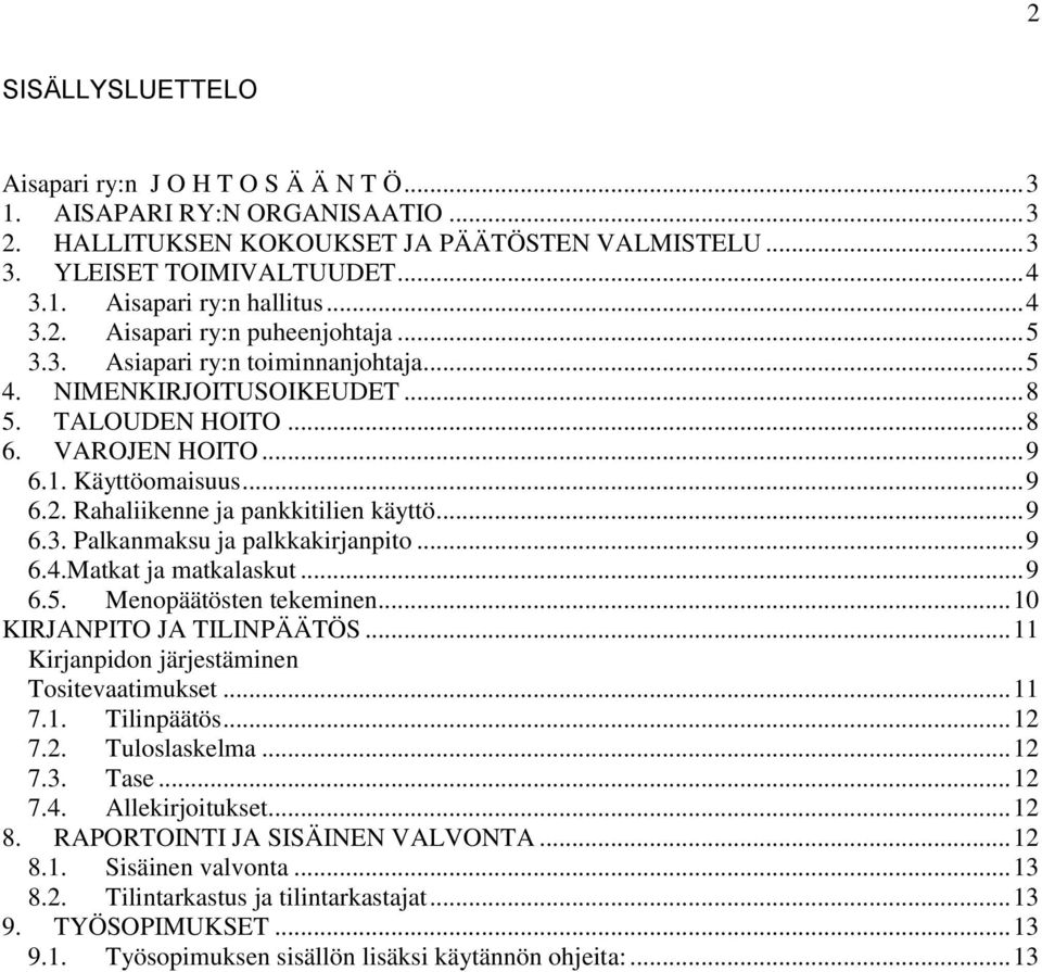 .. 9 6.3. Palkanmaksu ja palkkakirjanpito... 9 6.4.Matkat ja matkalaskut... 9 6.5. Menopäätösten tekeminen... 10 KIRJANPITO JA TILINPÄÄTÖS... 11 Kirjanpidon järjestäminen Tositevaatimukset... 11 7.1. Tilinpäätös.