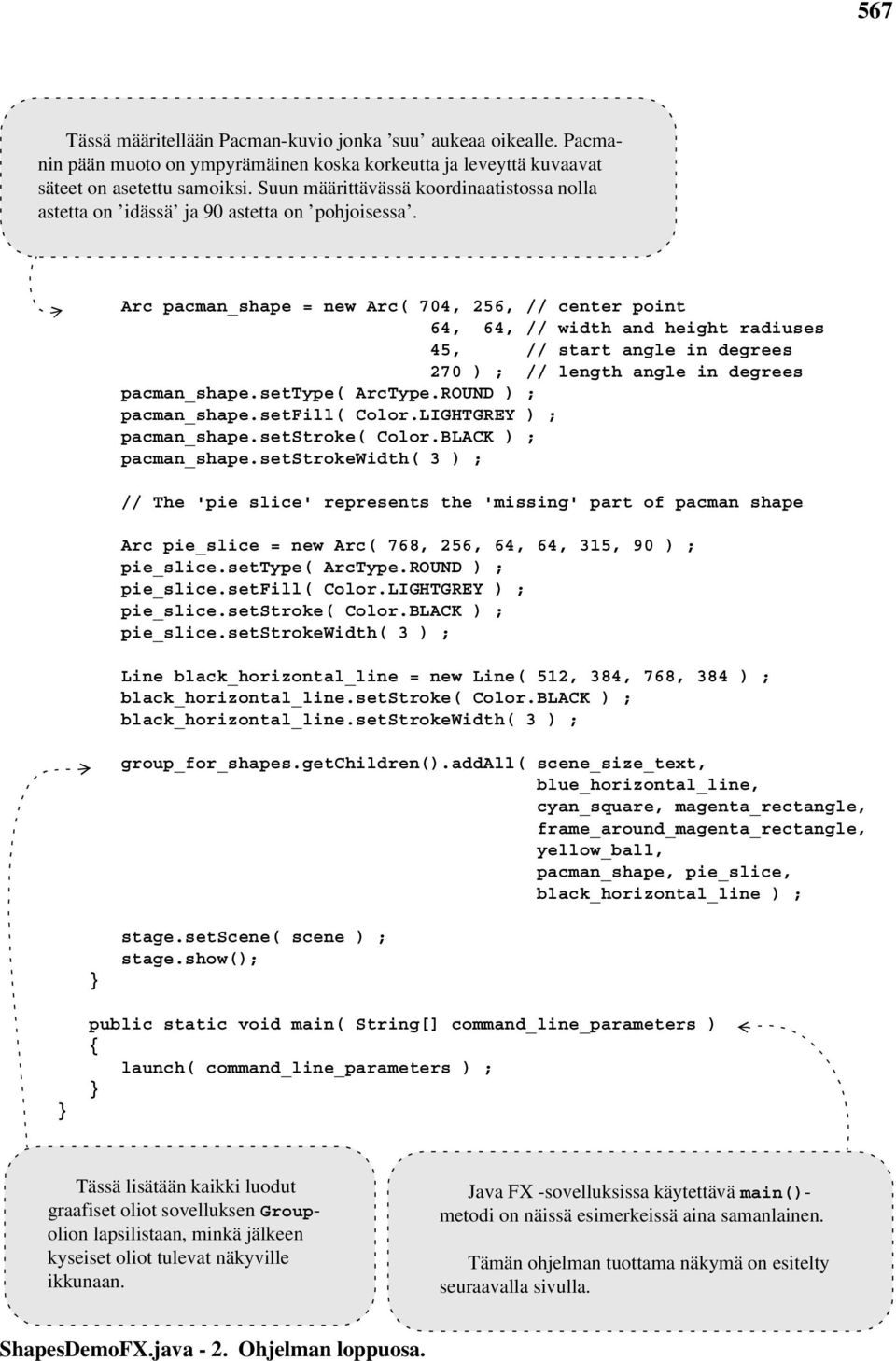 Arc pacman_shape = new Arc( 704, 256, // center point 64, 64, // width and height radiuses 45, // start angle in degrees 270 ) ; // length angle in degrees pacman_shape.settype( ArcType.