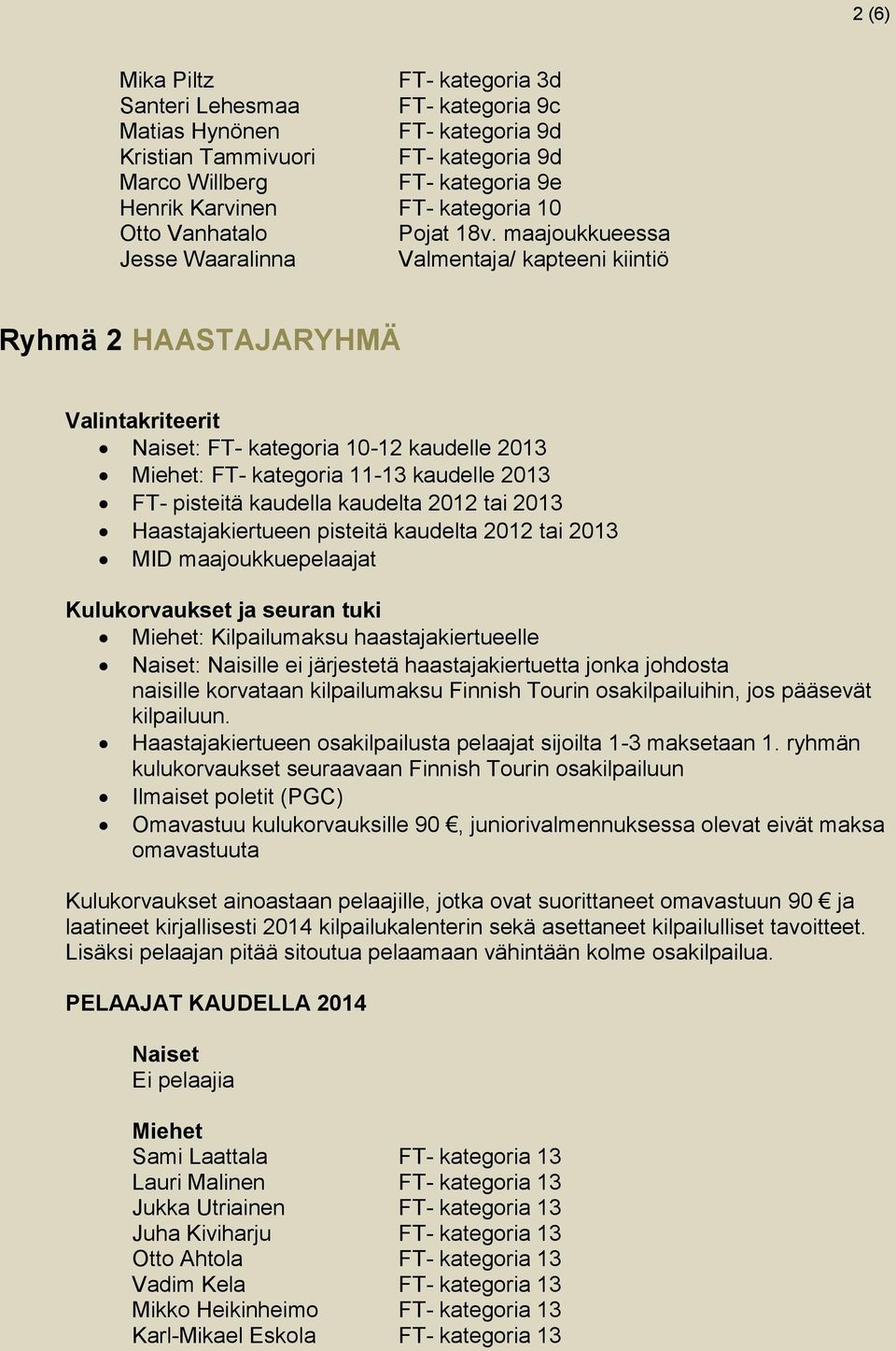 maajoukkueessa Jesse Waaralinna Valmentaja/ kapteeni kiintiö Ryhmä 2 HAASTAJARYHMÄ : FT- kategoria 10-12 kaudelle 2013 : FT- kategoria 11-13 kaudelle 2013 FT- pisteitä kaudella kaudelta 2012 tai 2013