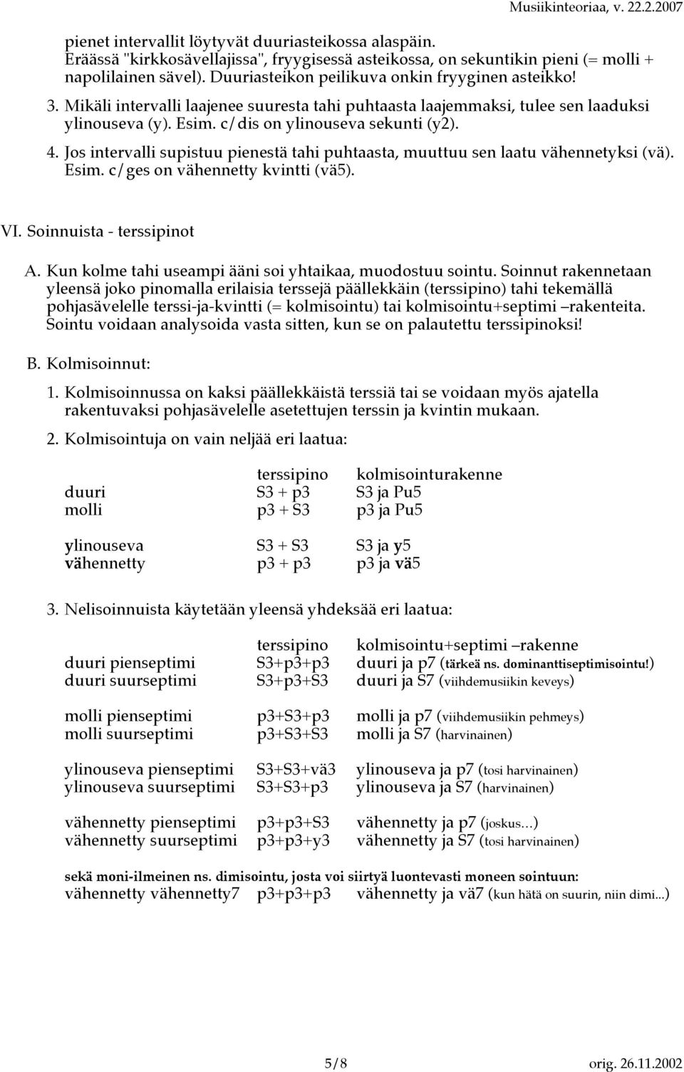 Jos intervalli supistuu pienestä tahi puhtaasta, muuttuu sen laatu vähennetyksi (vä). Esim. c/ges on vähennetty kvintti (vä5). VI. Soinnuista - terssipinot A.