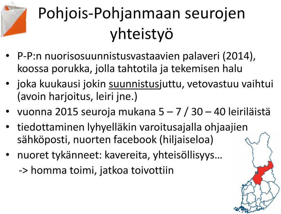 ) vuonna 2015 seuroja mukana 5 7 / 30 40 leiriläistä tiedottaminen lyhyelläkin varoitusajalla ohjaajien