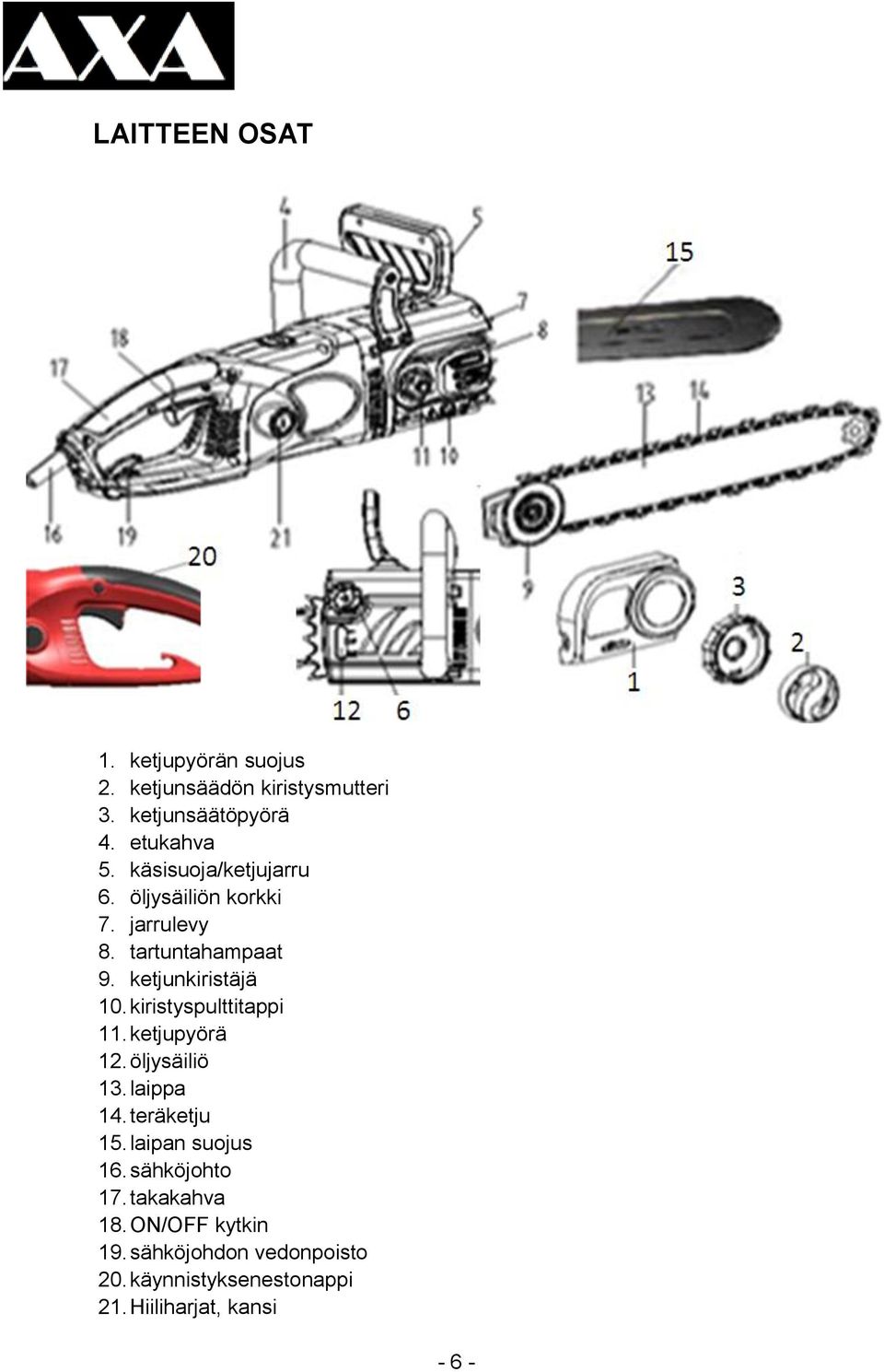 kiristyspulttitappi 11. ketjupyörä 12. öljysäiliö 13. laippa 14. teräketju 15. laipan suojus 16.