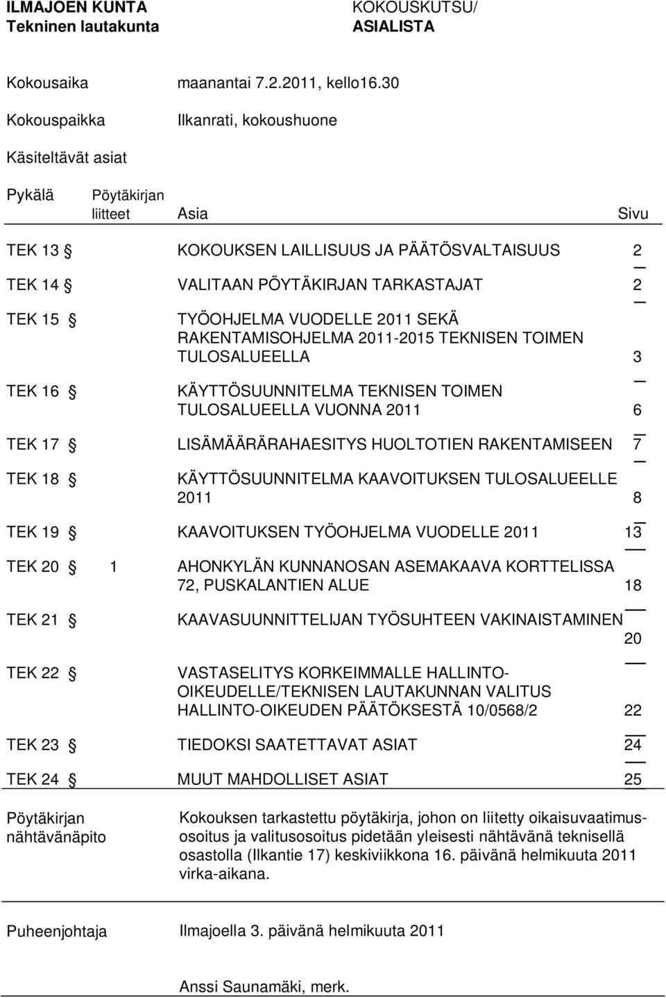 VUODELLE 2011 SEKÄ RAKENTAMISOHJELMA 2011-2015 TEKNISEN TOIMEN TULOSALUEELLA 3 KÄYTTÖSUUNNITELMA TEKNISEN TOIMEN TULOSALUEELLA VUONNA 2011 6 TEK 17 LISÄMÄÄRÄRAHAESITYS HUOLTOTIEN RAKENTAMISEEN 7 TEK