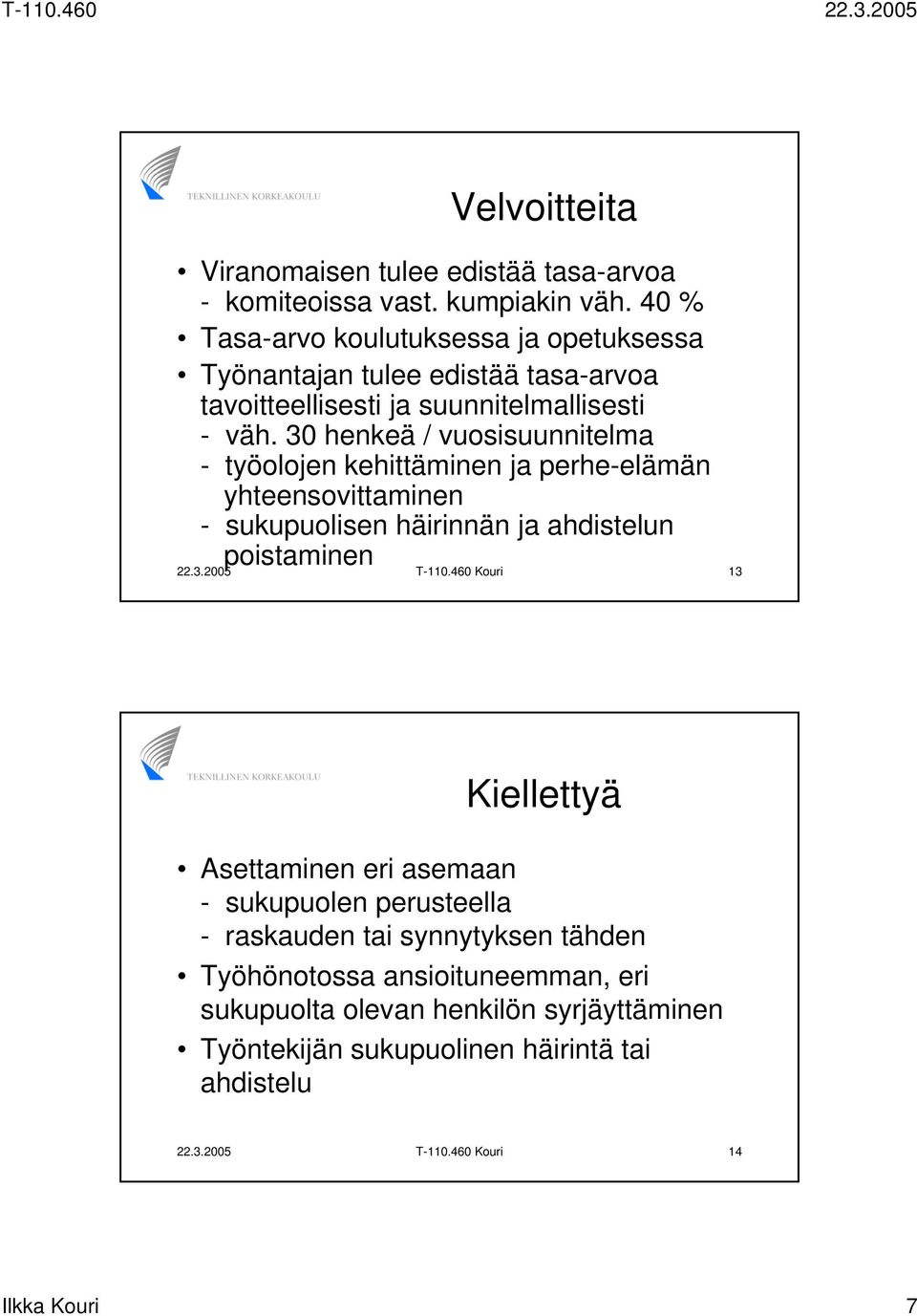 30 henkeä / vuosisuunnitelma - työolojen kehittäminen ja perhe-elämän yhteensovittaminen - sukupuolisen häirinnän ja ahdistelun poistaminen 22.3.2005 T-110.