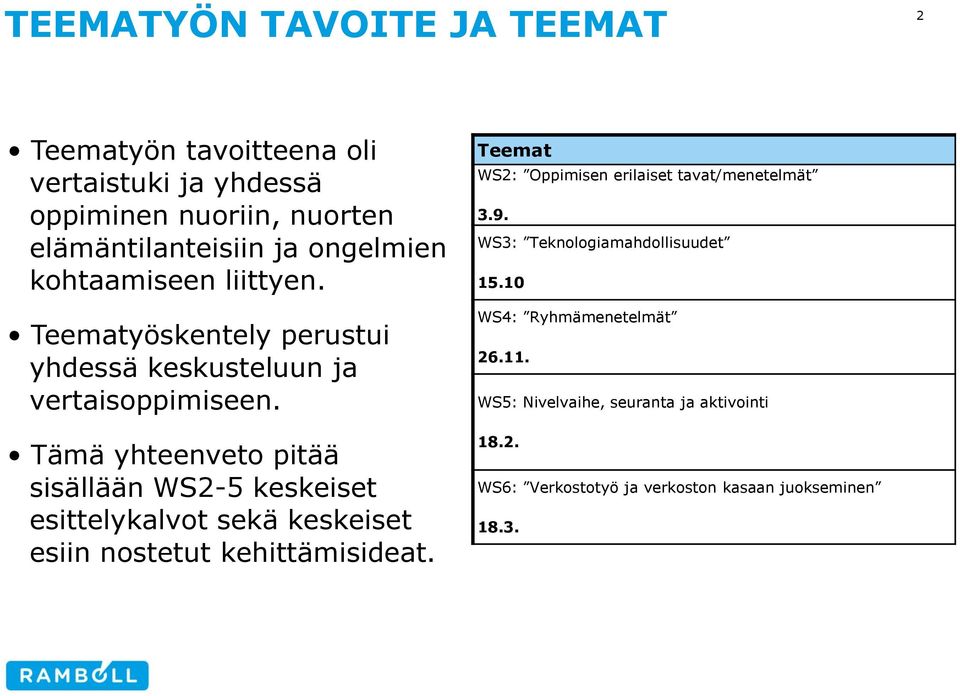 Tämä yhteenveto pitää sisällään WS2-5 keskeiset esittelykalvot sekä keskeiset esiin nostetut kehittämisideat.