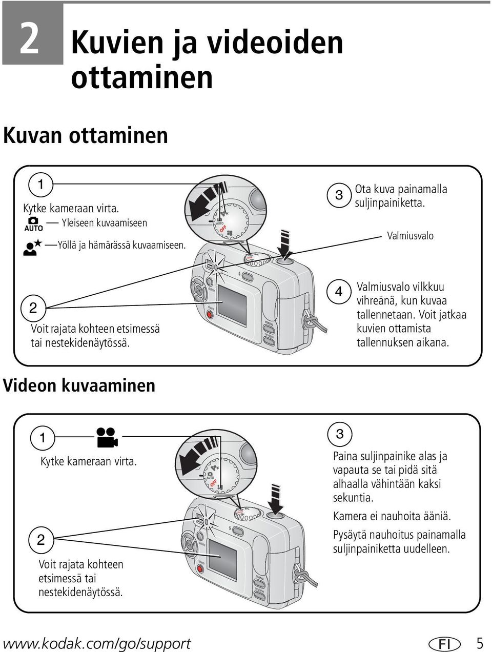 4 Valmiusvalo vilkkuu vihreänä, kun kuvaa tallennetaan. Voit jatkaa kuvien ottamista tallennuksen aikana. Videon kuvaaminen 1 Kytke kameraan virta.