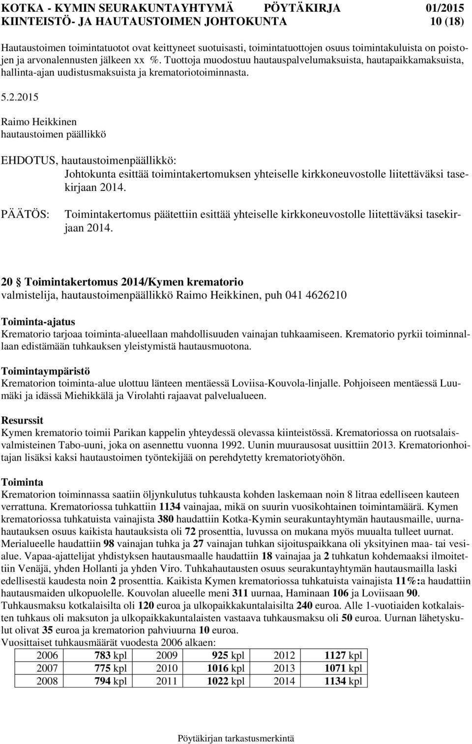 2015 Raimo Heikkinen hautaustoimen päällikkö EHDOTUS, hautaustoimenpäällikkö: Johtokunta esittää toimintakertomuksen yhteiselle kirkkoneuvostolle liitettäväksi tasekirjaan Toimintakertomus päätettiin