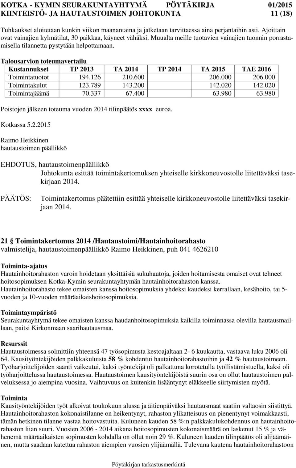 Talousarvion toteumavertailu Kustannukset TP 2013 TA 2014 TP 2014 TA 2015 TAE 2016 Toimintatuotot 194.126 210.600 206.000 206.000 Toimintakulut 123.789 143.200 142.020 142.020 Toimintajäämä 70.337 67.