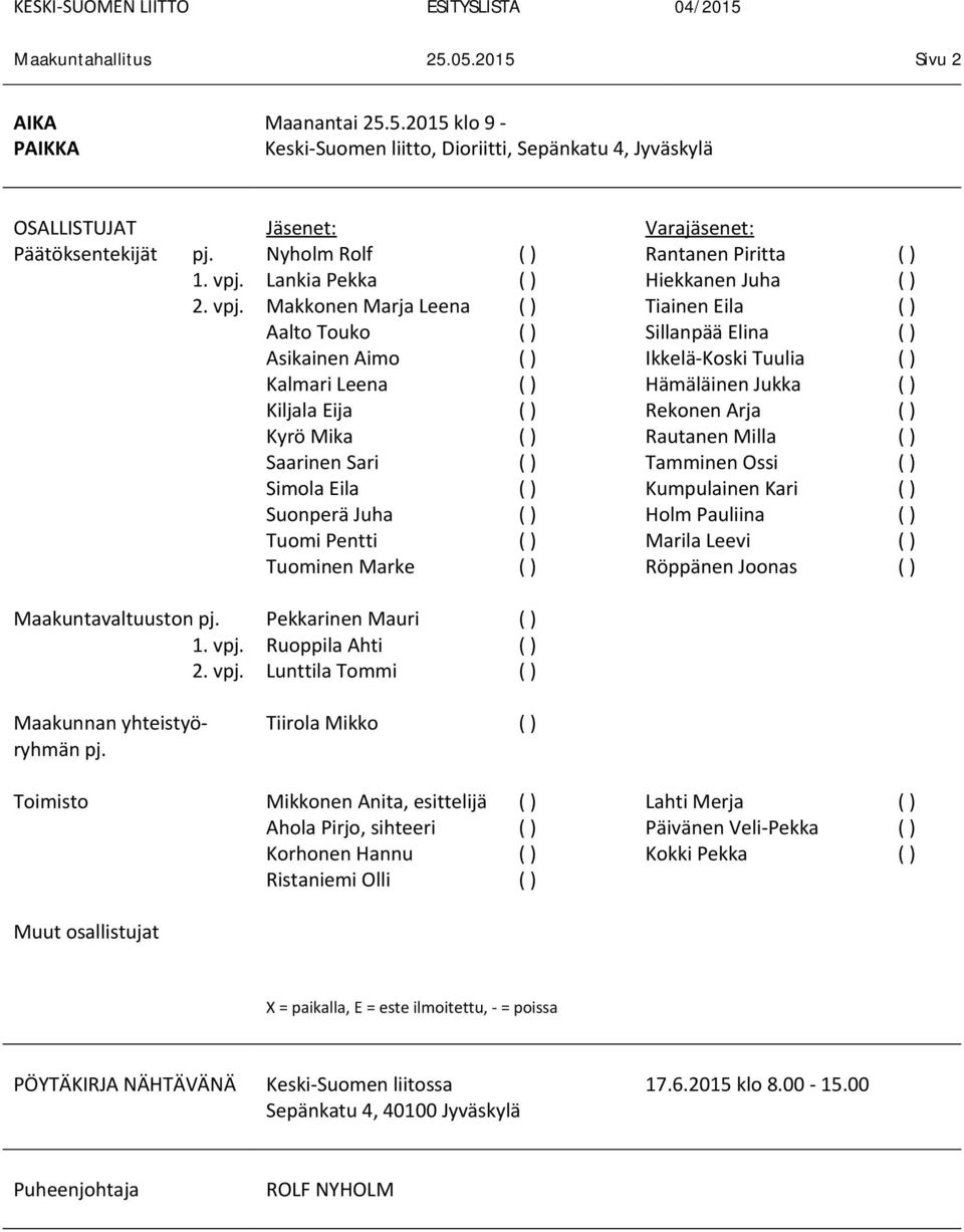 Jäsenet: Nyholm Rolf ( ) Lankia Pekka ( ) Makkonen Marja Leena ( ) Aalto Touko ( ) Asikainen Aimo ( ) Kalmari Leena ( ) Kiljala Eija ( ) Kyrö Mika ( ) Saarinen Sari ( ) Simola Eila ( ) Suonperä Juha