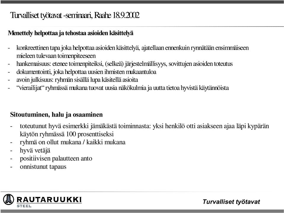 hankemaisuus: etenee toimenpiteiksi, (selkeä) järjestelmällisyys, sovittujen asioiden toteutus - dokumentointi, joka helpottaa uusien ihmisten mukaantuloa - avoin julkisuus: ryhmän sisällä lupa