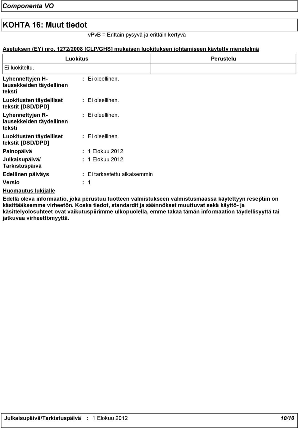 Painopäivä Julkaisupäivä/ Tarkistuspäivä Edellinen päiväys Versio Huomautus lukijalle 1 Elokuu 2012 1 Elokuu 2012 Ei tarkastettu aikaisemmin 1 Edellä oleva informaatio, joka perustuu tuotteen