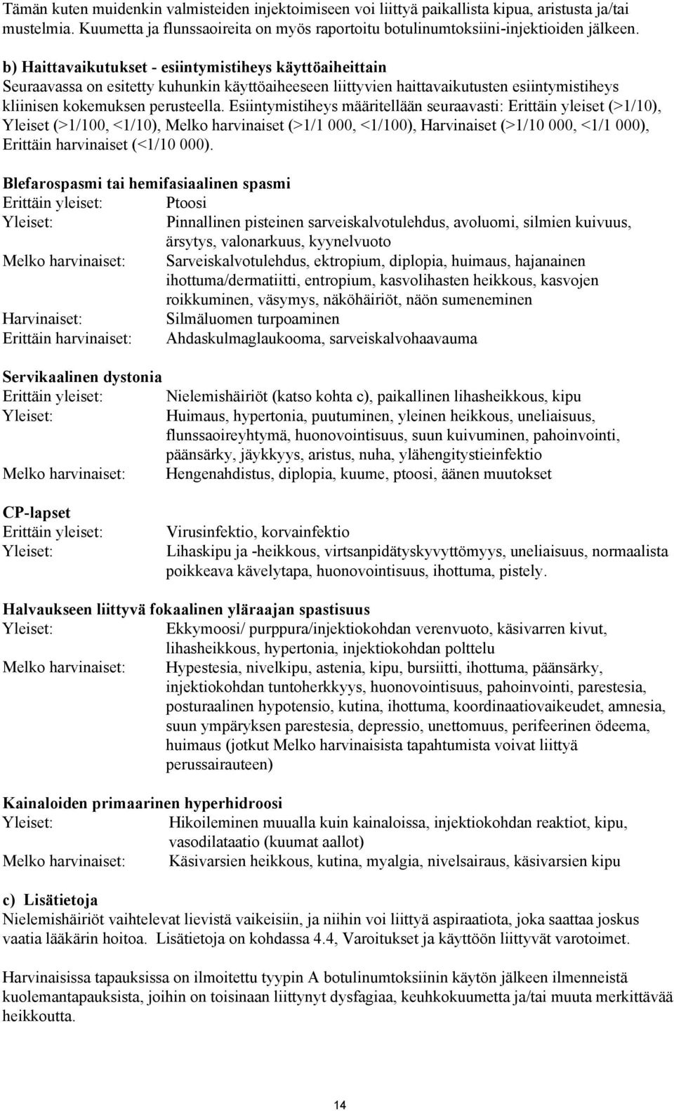 Esiintymistiheys määritellään seuraavasti: Erittäin yleiset (>1/10), Yleiset (>1/100, <1/10), Melko harvinaiset (>1/1 000, <1/100), Harvinaiset (>1/10 000, <1/1 000), Erittäin harvinaiset (<1/10 000).