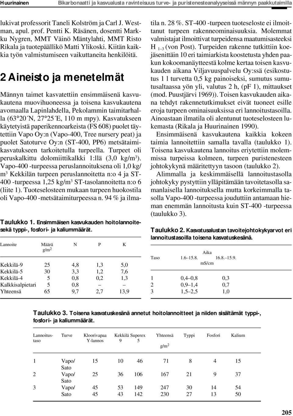 2 Aineisto ja menetelmät Taulukko 1. Ensimmäisen kasvukauden hoitolannoitesekä typpi-, fosfori- ja kaliummäärät.