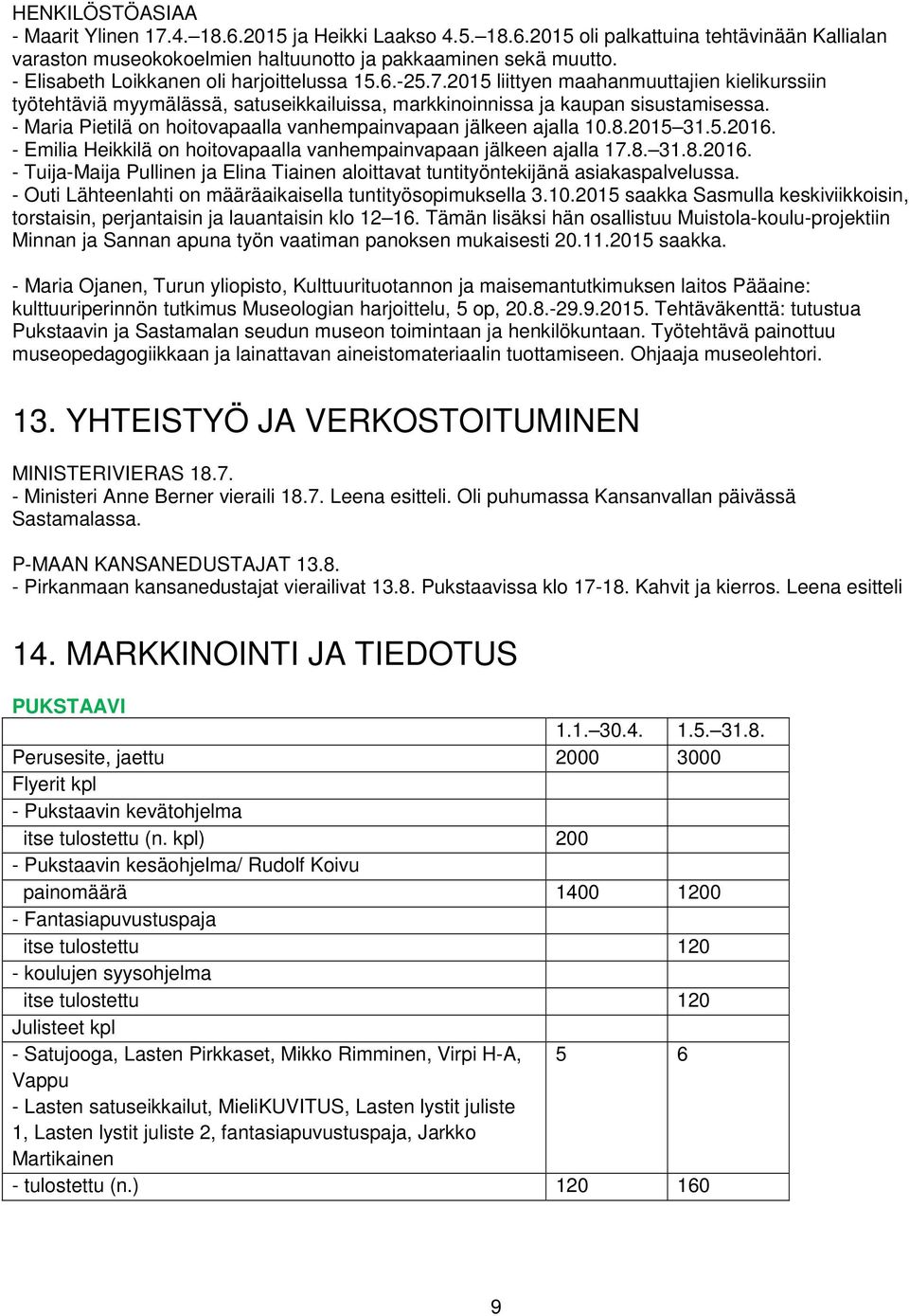 - Maria Pietilä on hoitovapaalla vanhempainvapaan jälkeen ajalla 10.8.2015 31.5.2016. - Emilia Heikkilä on hoitovapaalla vanhempainvapaan jälkeen ajalla 17.8. 31.8.2016. - Tuija-Maija Pullinen ja Elina Tiainen aloittavat tuntityöntekijänä asiakaspalvelussa.