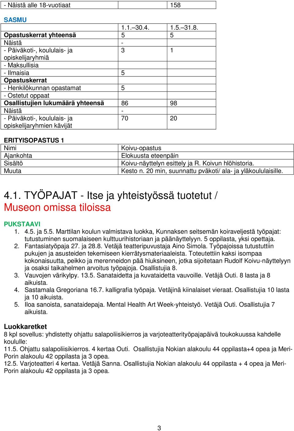 Koivu-näyttelyn esittely ja R. Koivun hlöhistoria. Kesto n. 20 min, suunnattu pväkoti/ ala- ja yläkoululaisille. 4.1. TYÖPAJAT - Itse ja yhteistyössä tuotetut / Museon omissa tiloissa 1. 4.5.