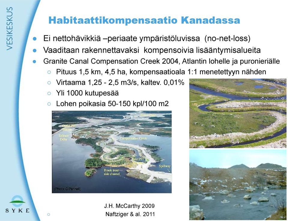 ja puronieriälle Pituus 1,5 km, 4,5 ha, kompensaatioala 1:1 menetettyyn nähden Virtaama 1,25-2,5 m3/s,