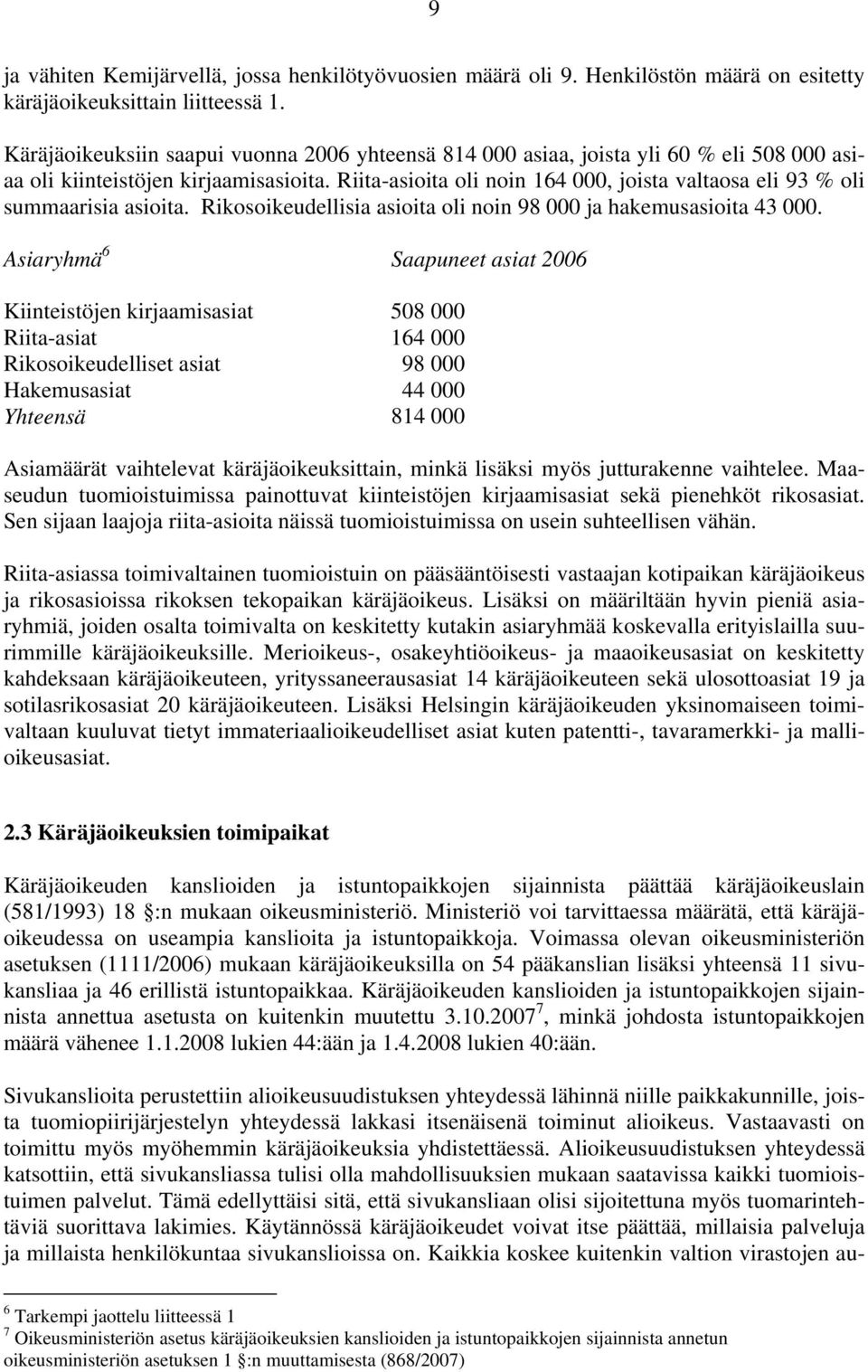 Riita-asioita oli noin 164 000, joista valtaosa eli 93 % oli summaarisia asioita. Rikosoikeudellisia asioita oli noin 98 000 ja hakemusasioita 43 000.