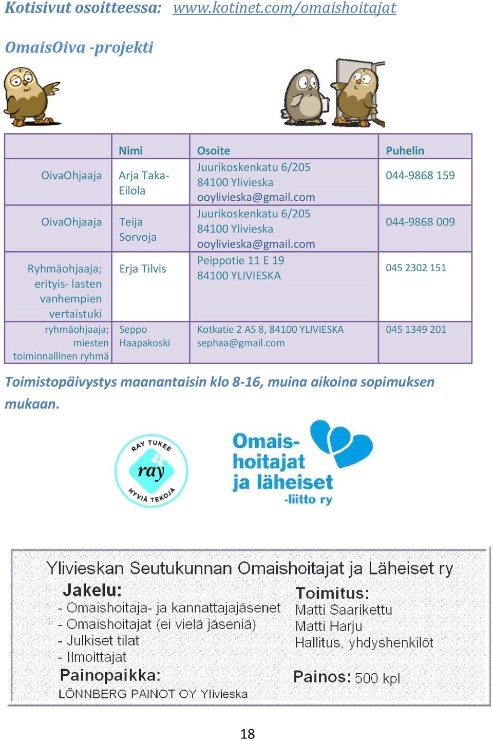 ryhmä Nimi Osoite Puhelin Juurikoskenkatu 6/205 Arja Taka- 044-9868 159 84100 Ylivieska Eilola ooylivieska@gmail.